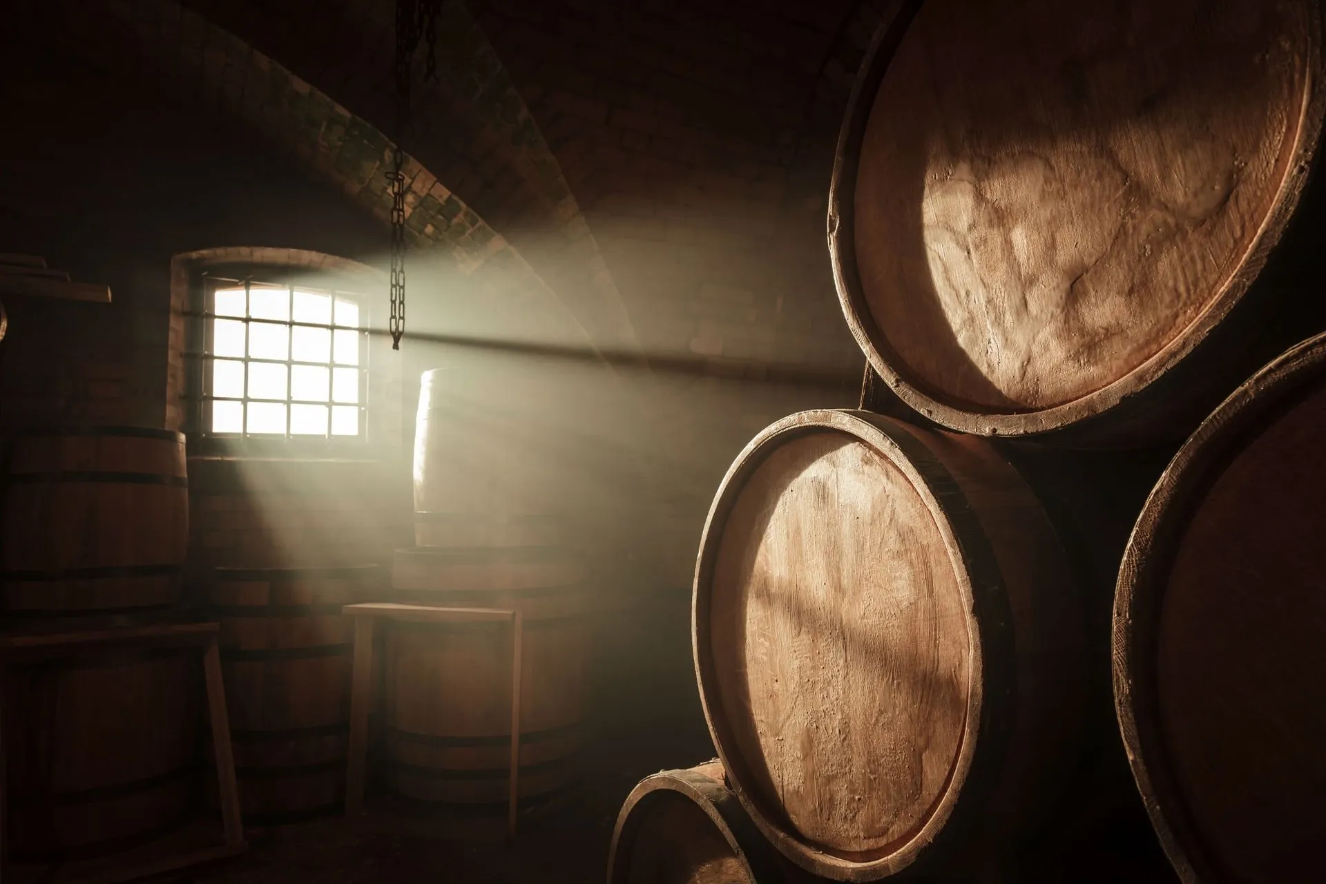 Botti di legno illuminate dalla luce naturale di una cantina