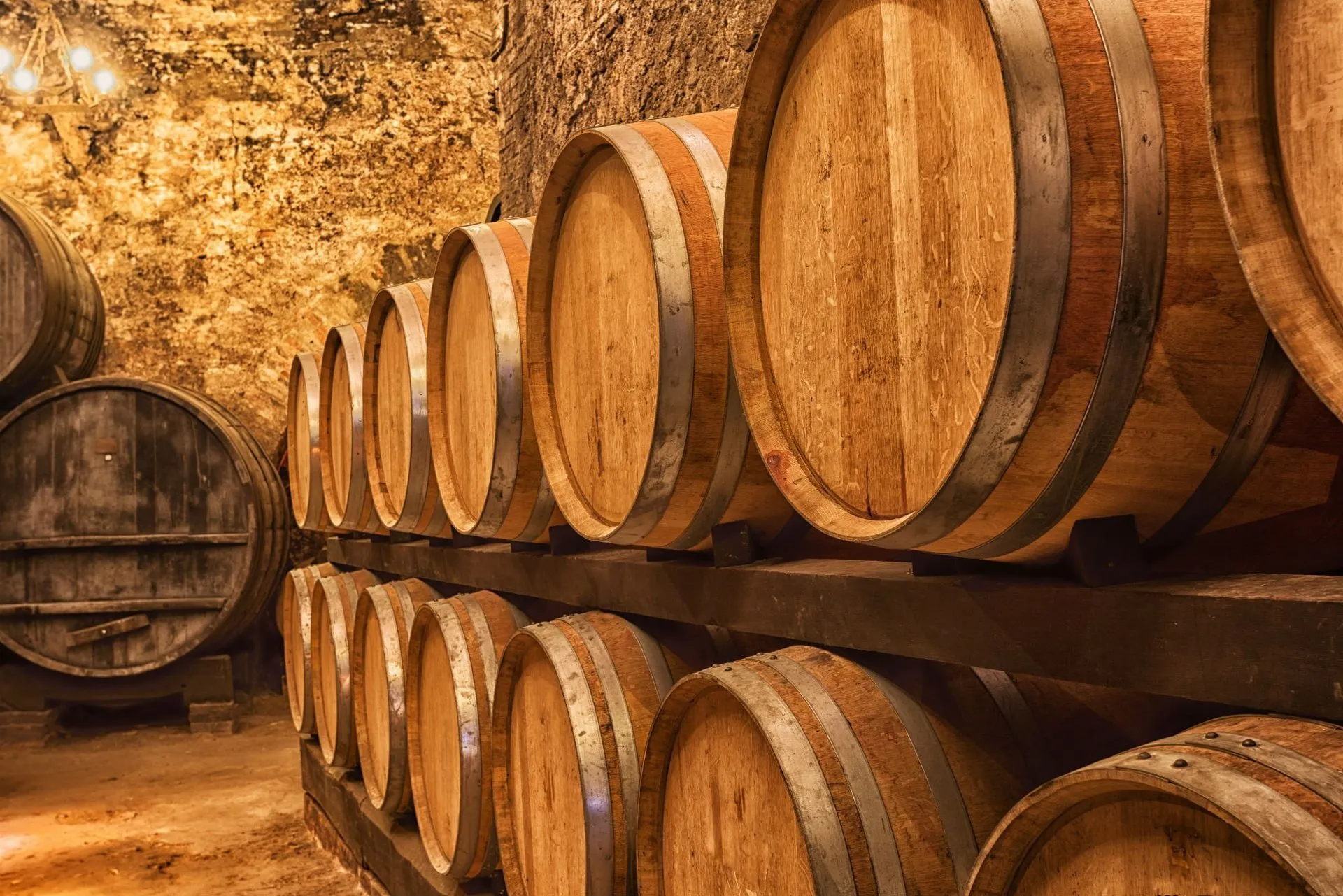 File di botti in legno disposte in una cantina